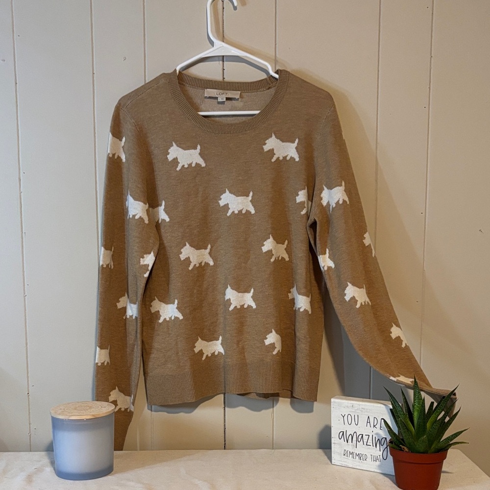 LOFT Tan Crewneck Sweater with White Scottie Dog Motif